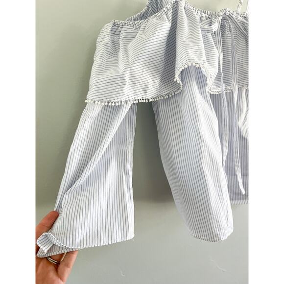 Johnathan Simkhai | Stripe Off the Shoulder Pom Pom Top | Blue White | S - Picture 4 of 11